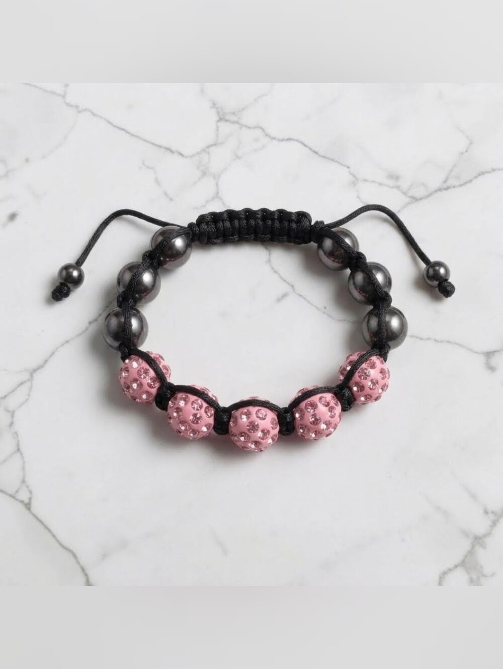 NWT Pink Disco Ball & Gunmetal Bead Adjustable Macrame Bracelet